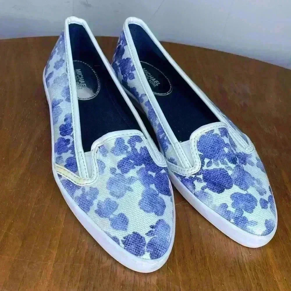 Michael Michael Kors Olive Slip-On Sneakers Blue White Floral Size 6